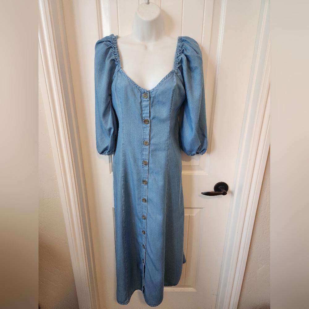 Zara Chambray Off Shoulder Midi Dress Bell Sleeves |Size XS | Bloggers Favorite - Picture 10 of 12